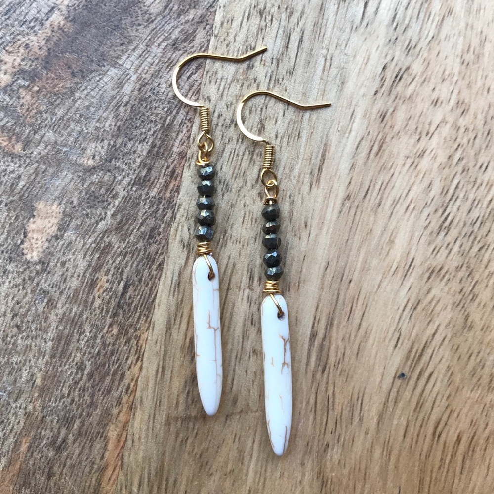 Gold Wire Wrapped Pyrite Gemstone Dangle Earrings